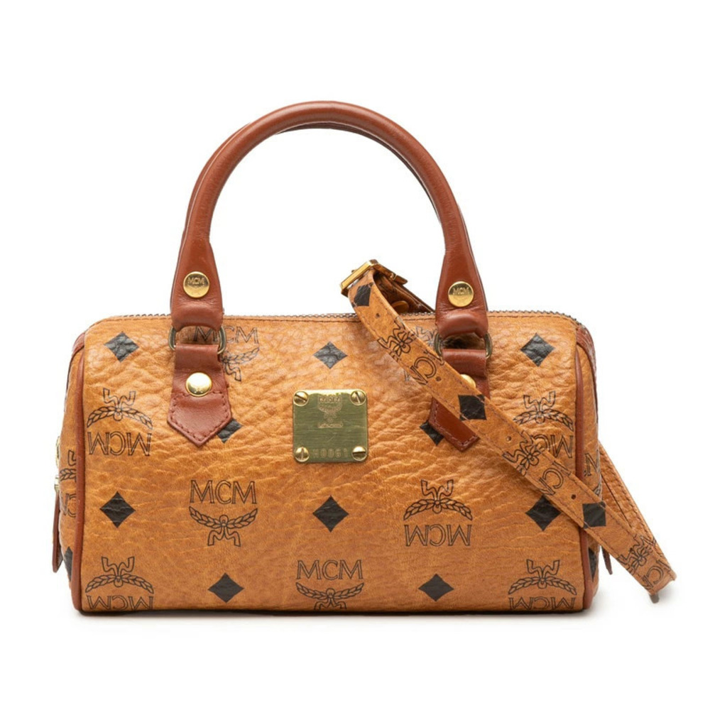 MCM Visetos Boston Bag Shoulder Brown Leather